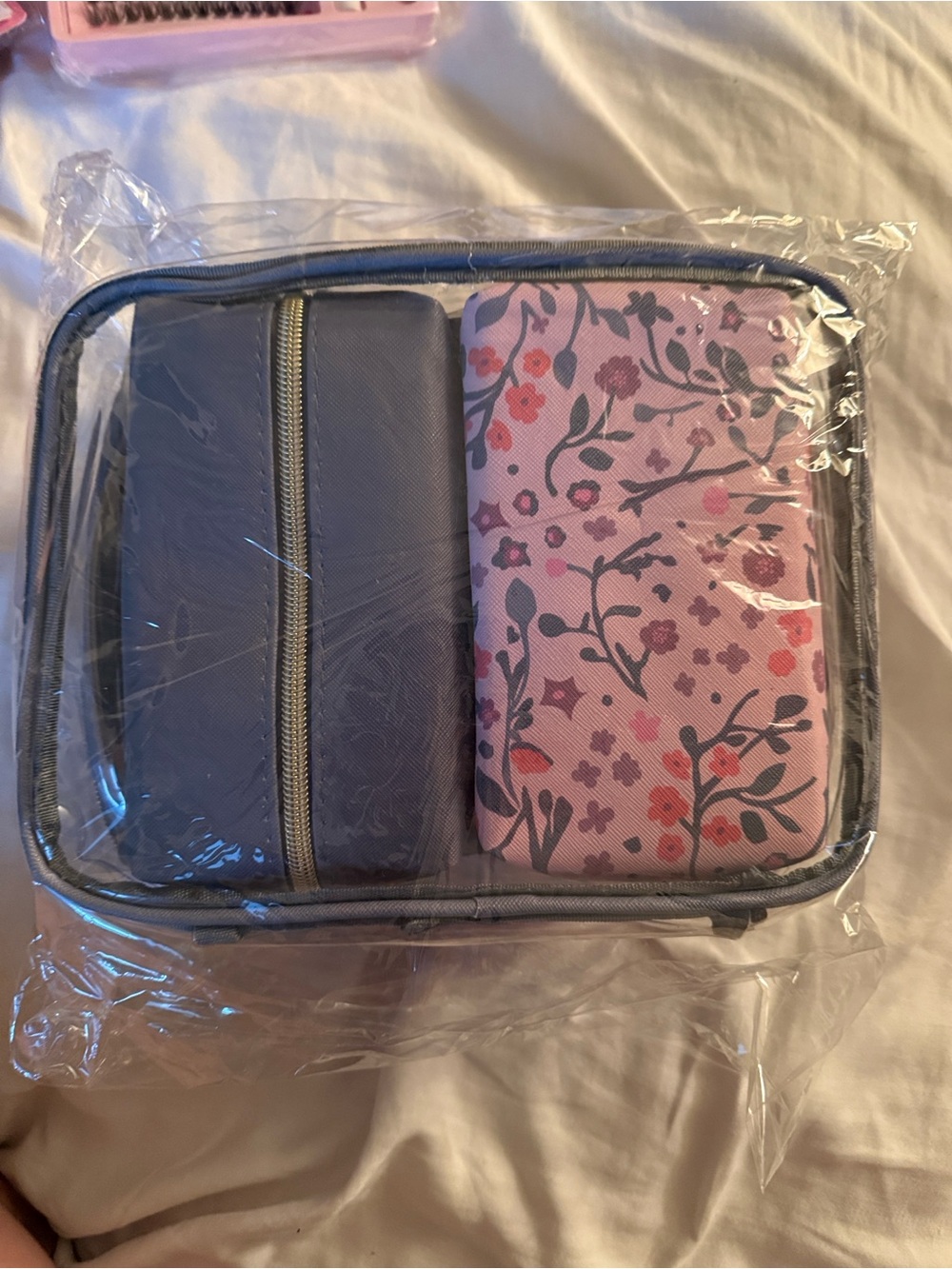Pink Floral and Gray Travel Pouch Set - Women's Bag Organizer
